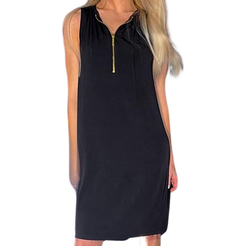 MICHAEL KORS‎ Black Shift Midi Dress w/ Gold Zipper Neckline